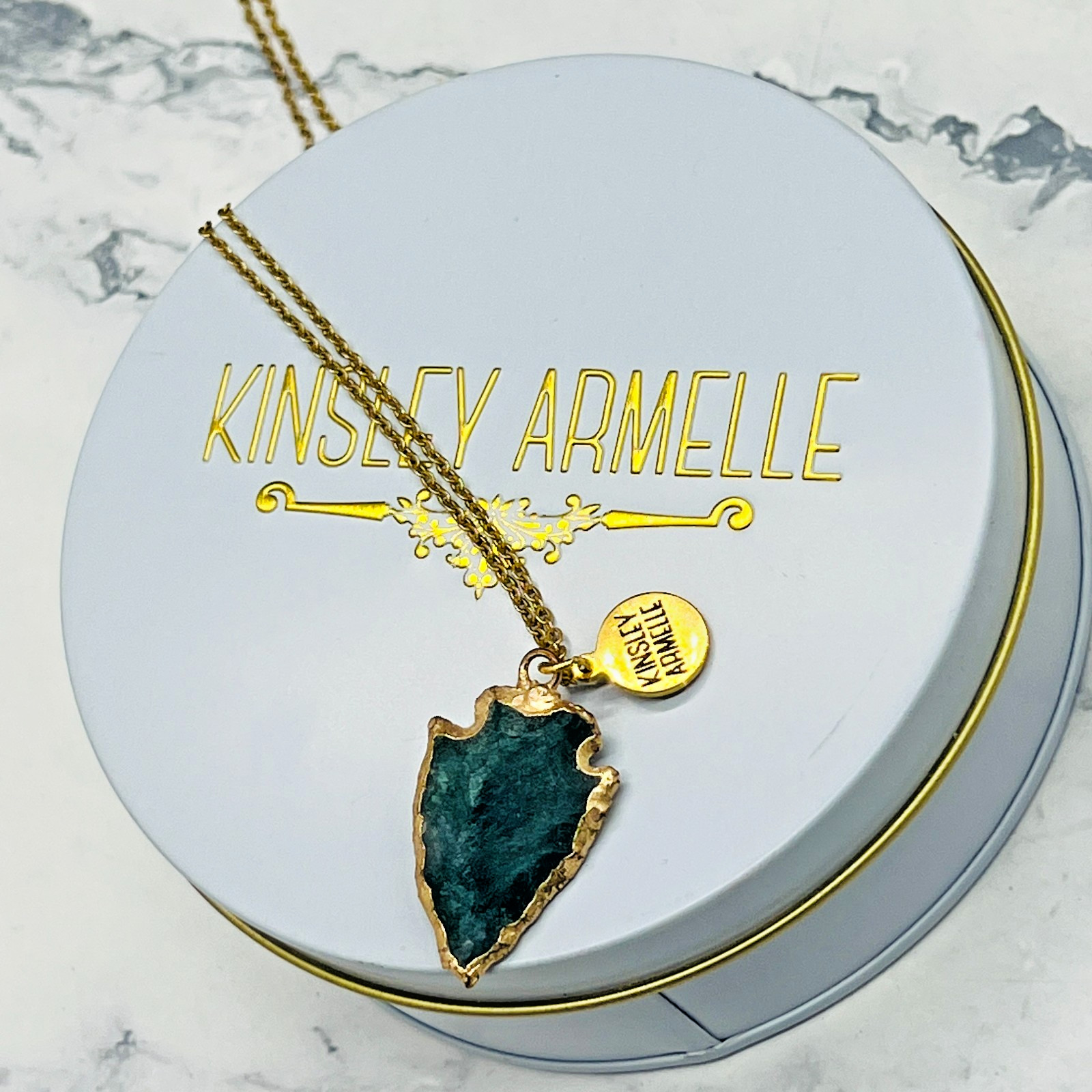 Kinsley Armelle Gold Toned Volcanic Rock Arrowhead Pendant Necklace w/ Box 16″