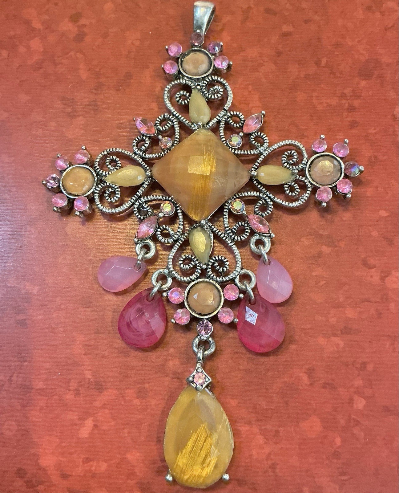 Edwardian Inspired Christian Cross Pendant & Earrings Pinks Orange Summer GOTH