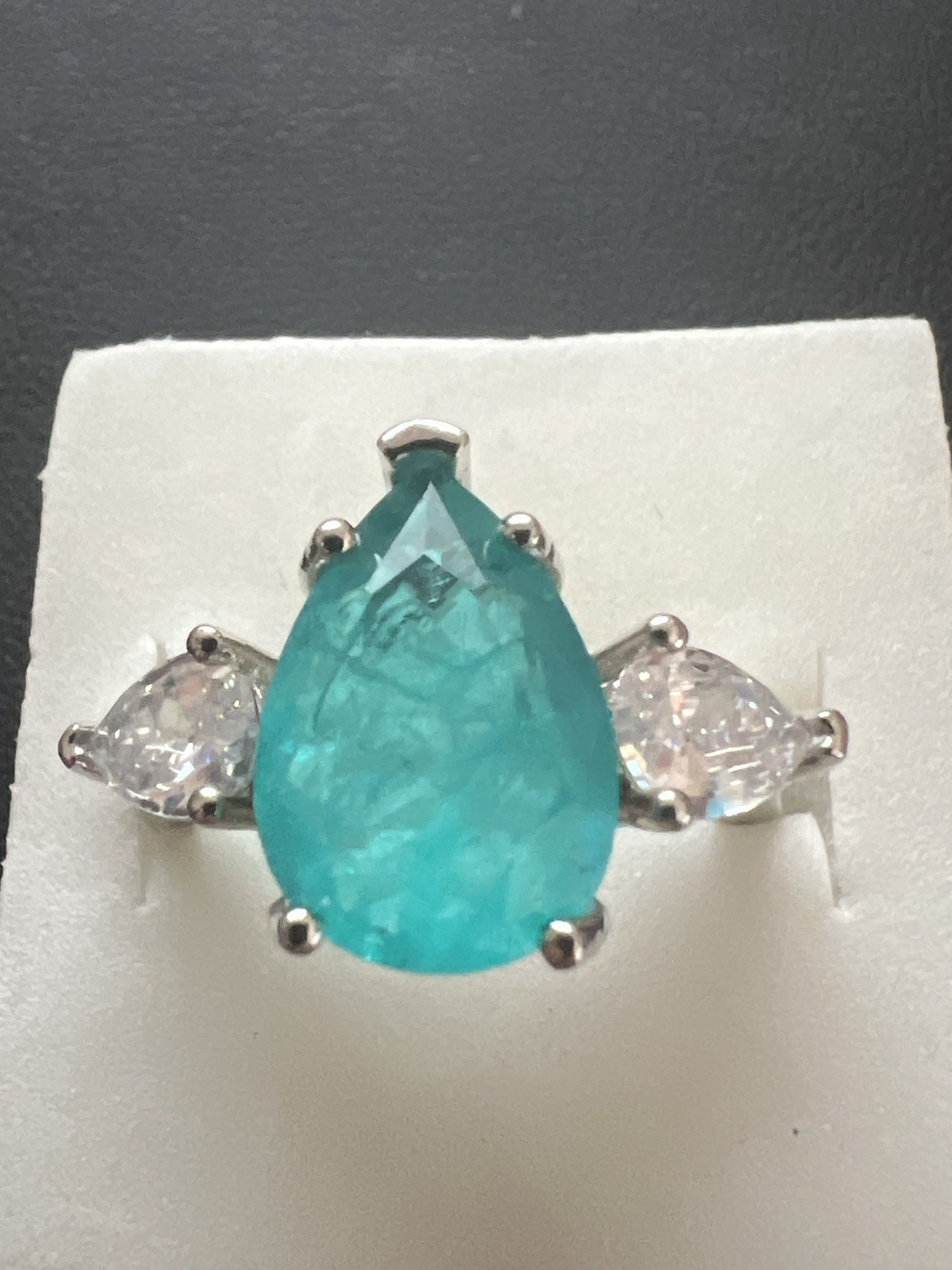 Paraiba Tourmaline Silver Tone Ring Size 10 Cocktail Beautiful Teardrop Design