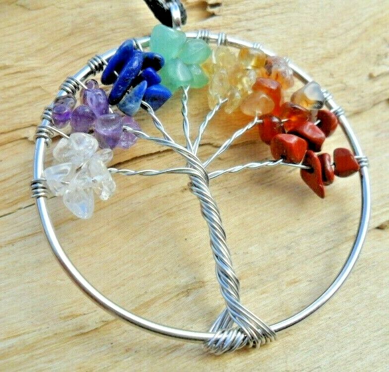 Tree of Life Multicoloured Stone & Silver Effect Twisted Wire Disc Pendant 43cms