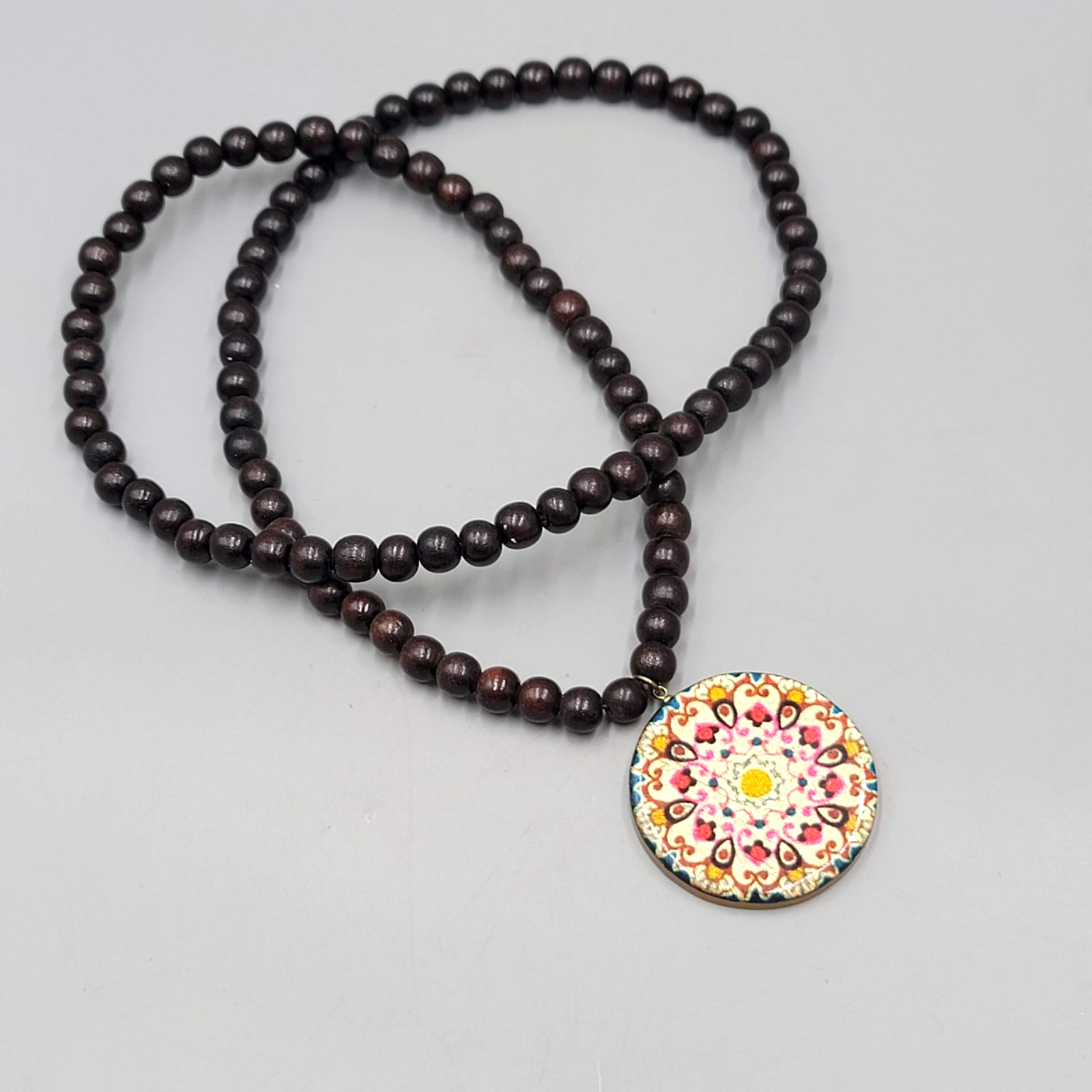 Wood Bead Necklace Mandala Round Pendant 30 in