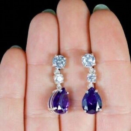 Gorgeous Drop Earrings 2.30Ct Pear Cut Simulated Amethyst 14K White Gold Plated