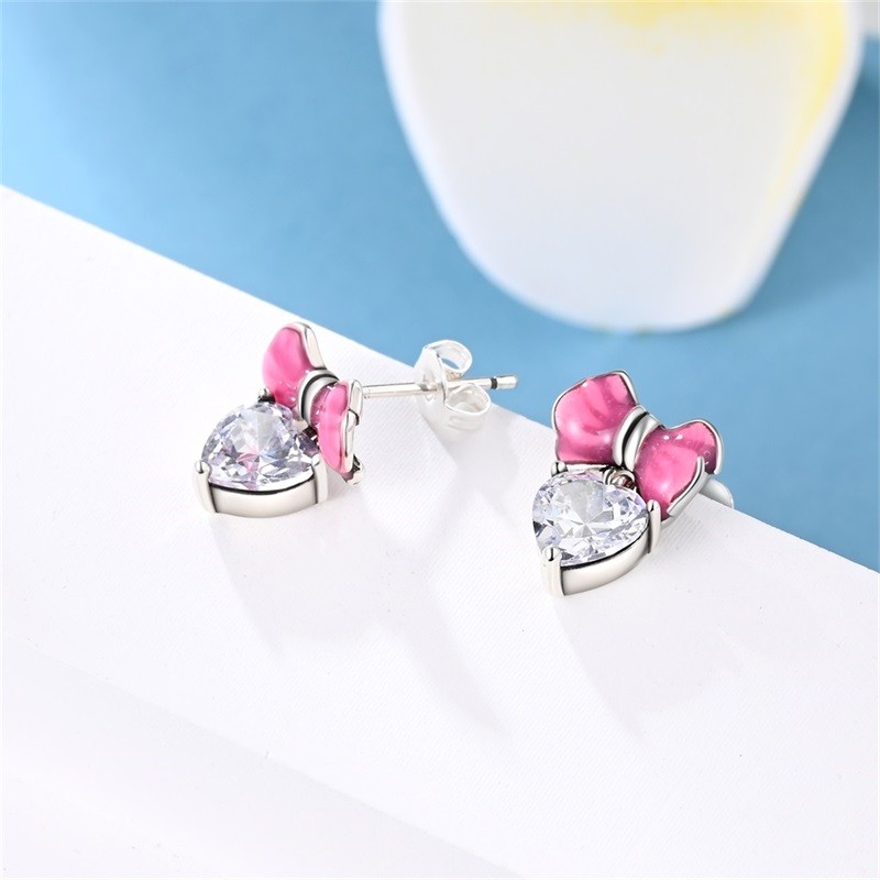 PANDACH 925 Sterling Silver Tiny Sweet Heart Bow Stud Earrings For Women Girls