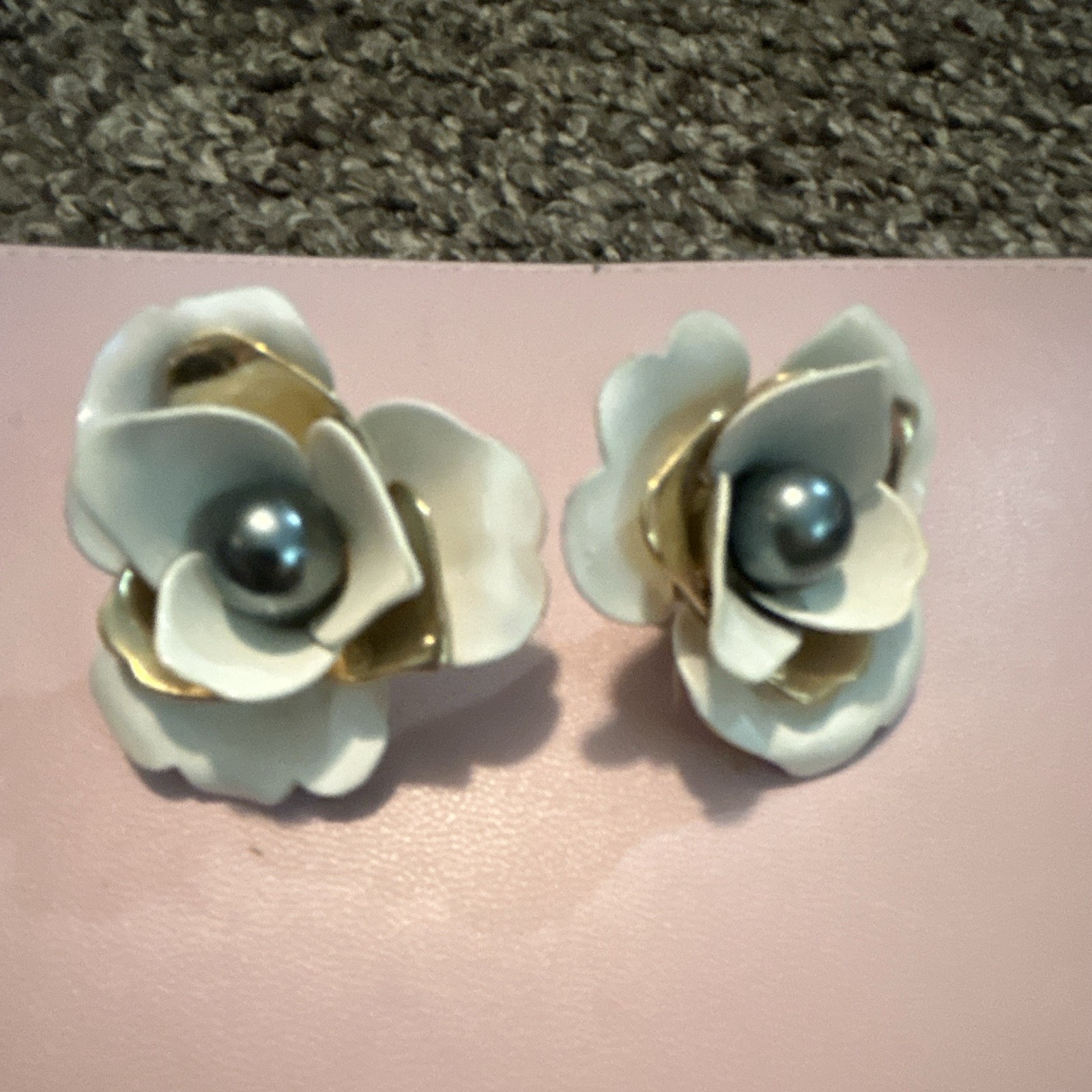 White & Gold Enamel Flower Clip-On Earrings with Gray Simulated Pearl
