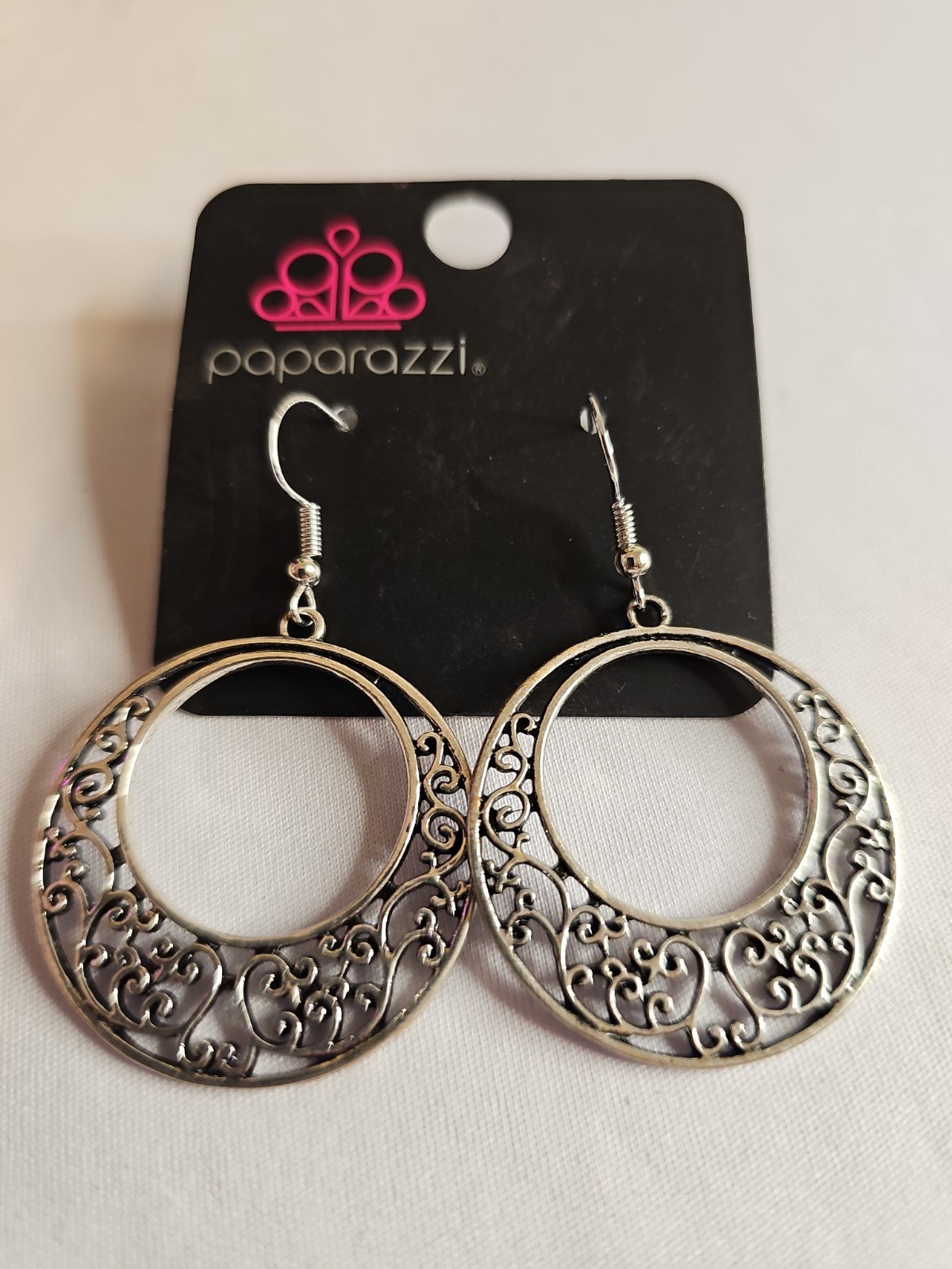 Paparazzi Silver Tone Filigree Open Circle Hoop Dangle Earrings Boho New on Card