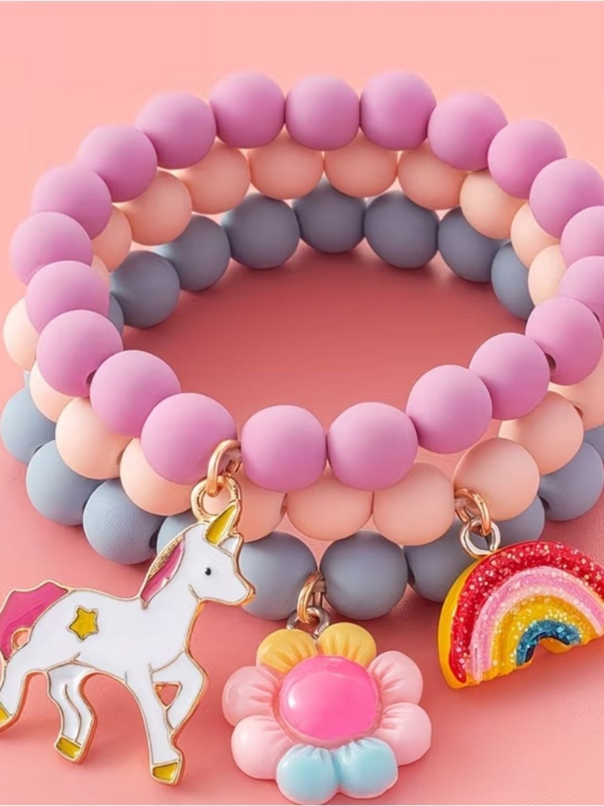 Pink Gray Beaded Charm Bracelet Set