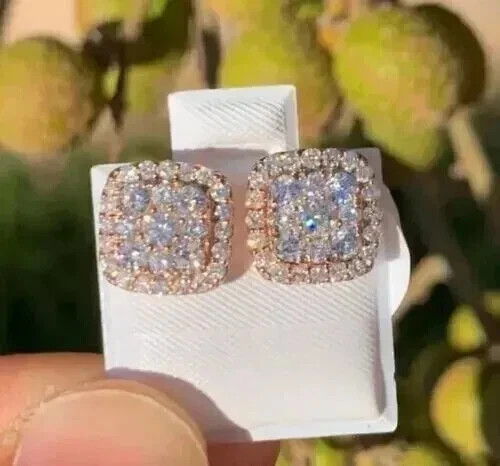 2.00Ct Round Simulated Diamond Cluster Square Stud Earrings 14K Rose Gold Plated