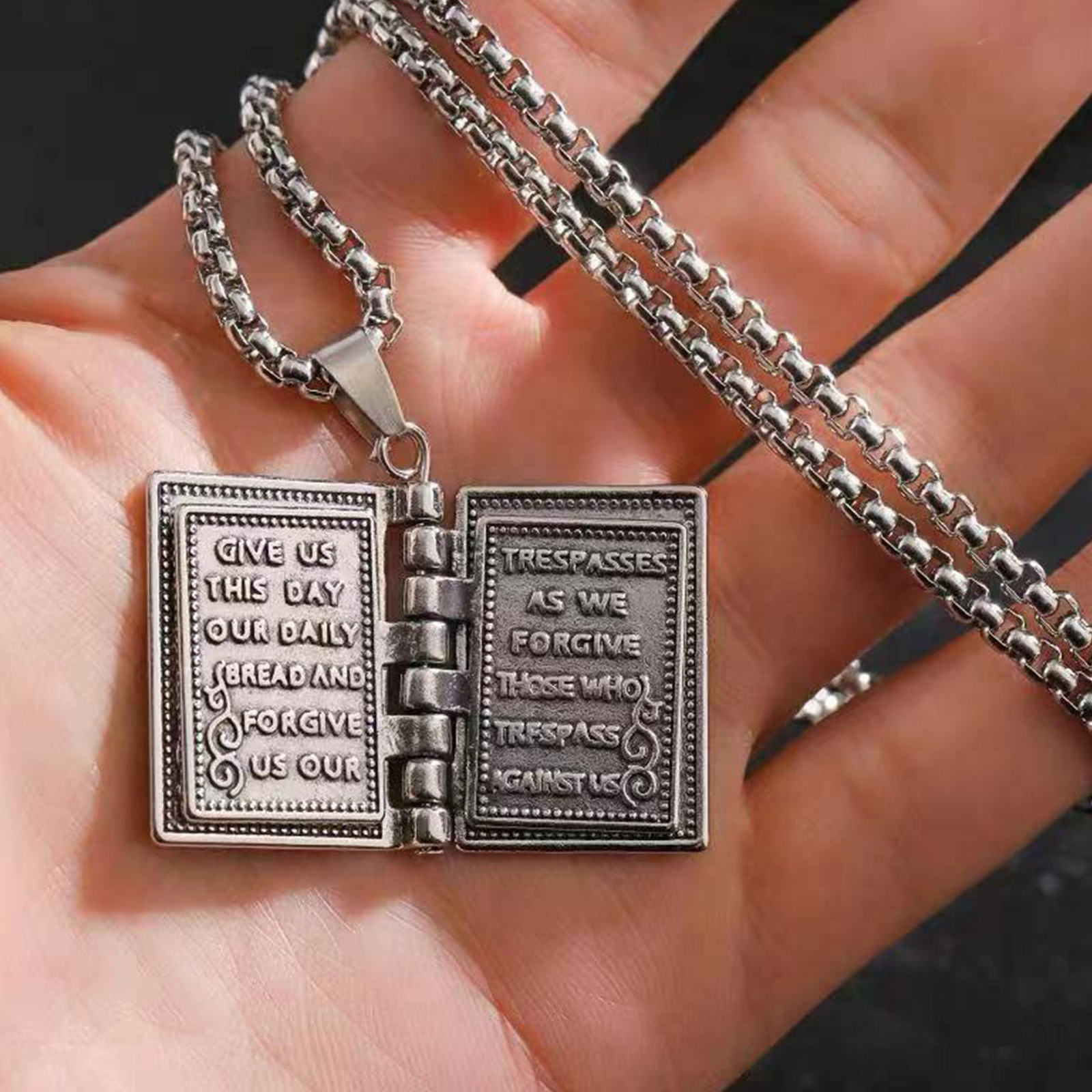 2× Stainless Steel Silver Bible Open Pages Pendant Unisex Necklace Lord’s Prayer