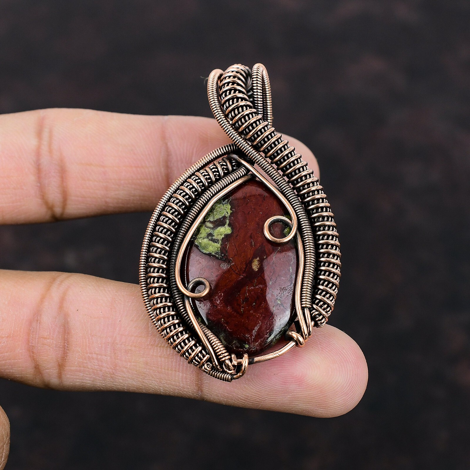 Women Day Gift Dragon Bloodstone Copper Gift For Mom Wire Wrapped Pendant 2.44″
