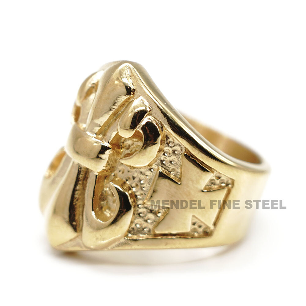 MENDEL Mens Gold Plated Fleur de Lis Flower Cross Ring Stainless Steel Size 7-15