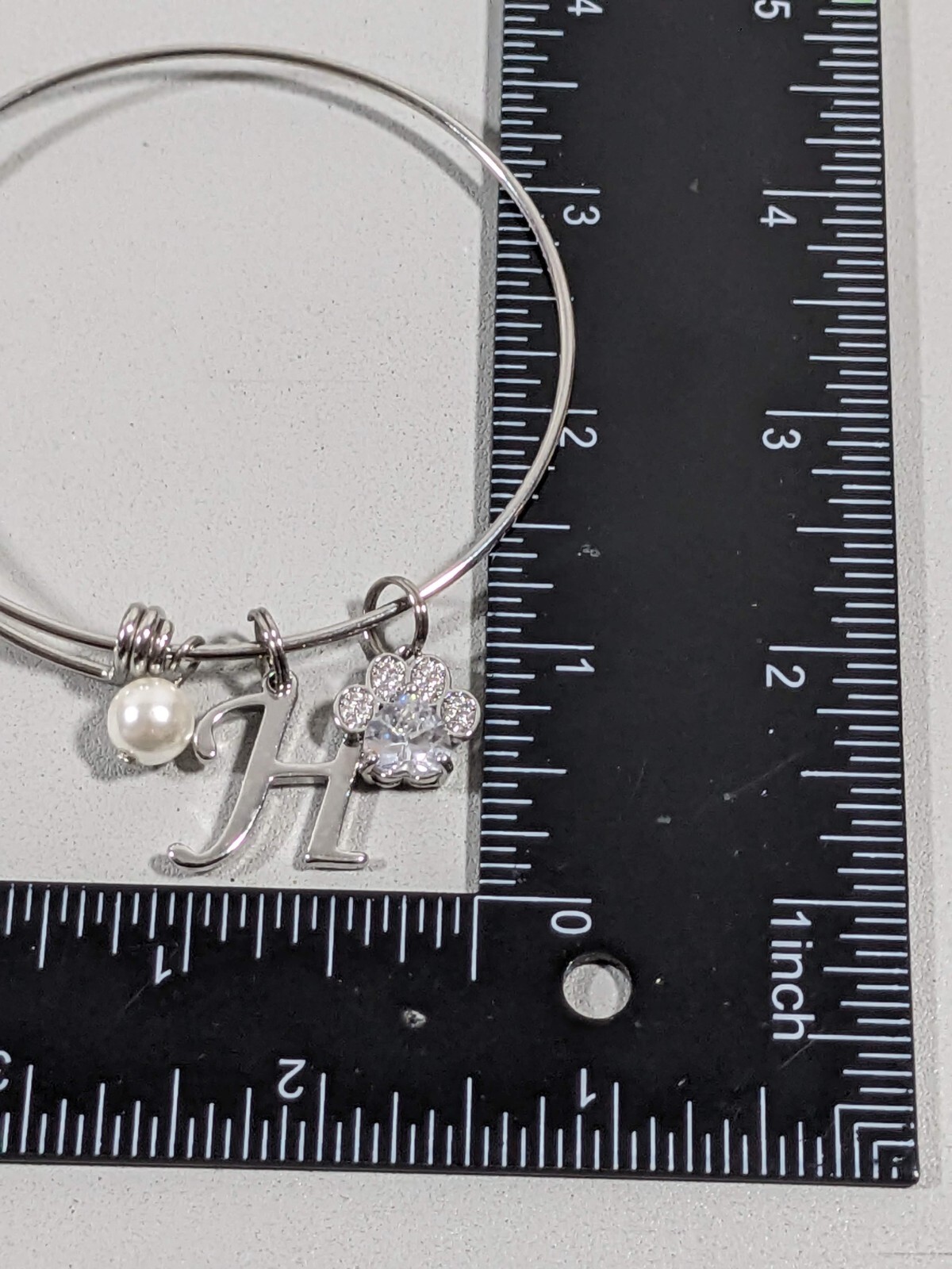 Silver Tone Initial Letter H Paw Print Crystal Faux Pearl Charm Bracelet 8.5 in