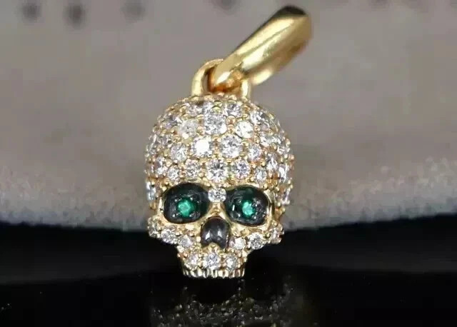 14k Yellow Gold Plated Pave Round Lab Created Diamond Memento Mori Skull Pendant