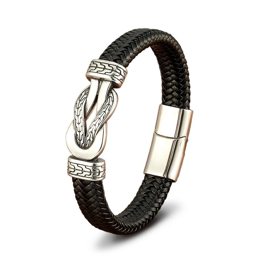 Men’s Stainless Steel Braided Leather Bracelet Black/Brown Magnetic Clasp Rope