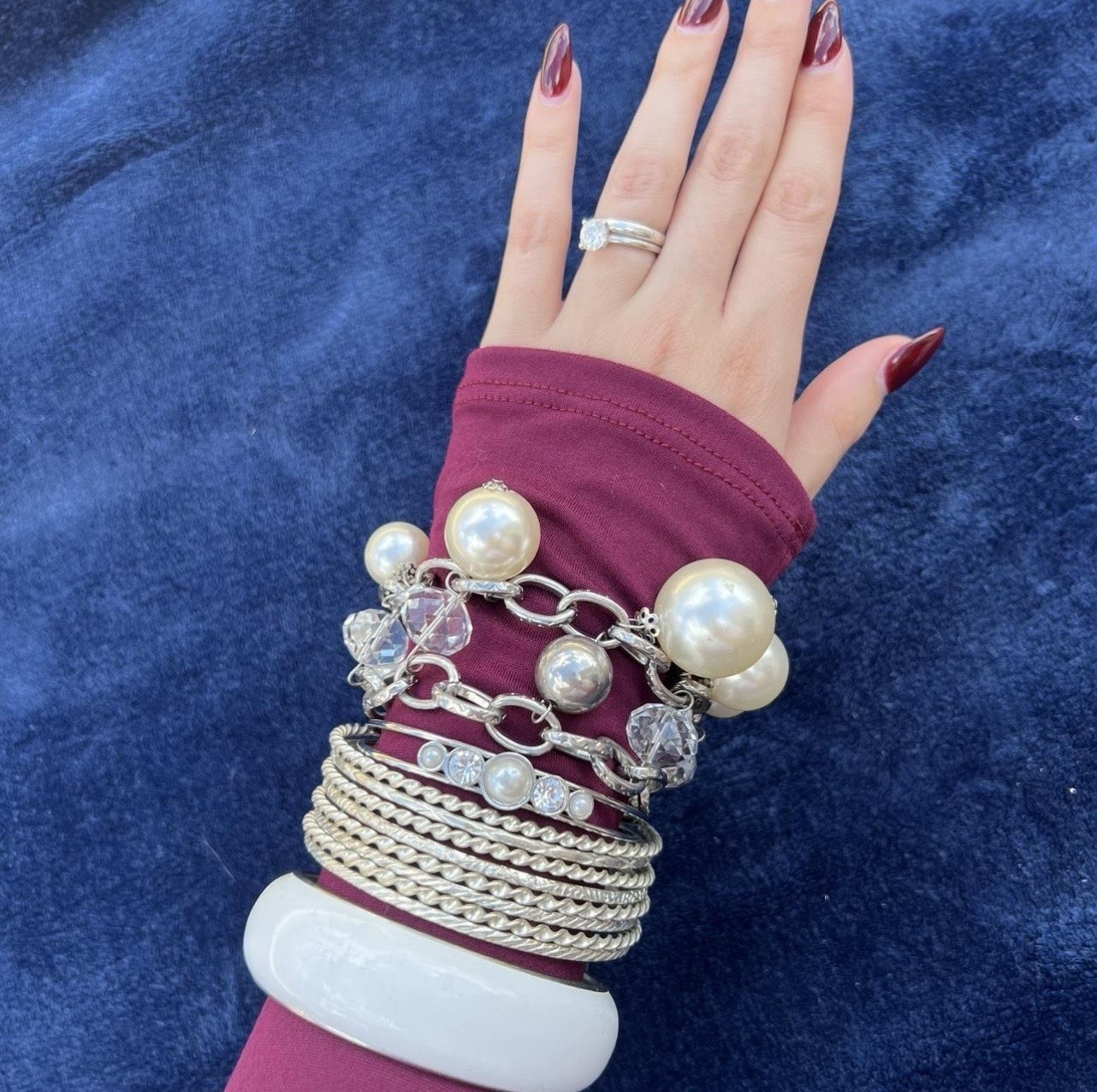 Silver-Tone Bracelet set of 11, Faux Pearls & Clear Crystals Stackable