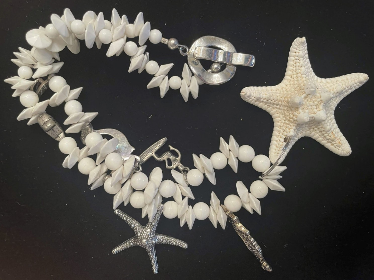 White Beaded Starfish Charm Necklace. 19 “. Gift Box