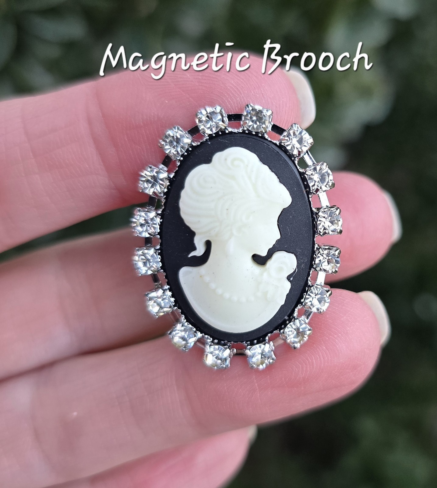 MAGNETIC Cameo Brooch, Black, Cream silver rhinestone framing. Victorian jewelry