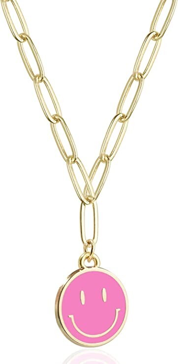 Pink Smiley Face Paperclip Necklaces, Gold Chain – Positive Happy Jewelry