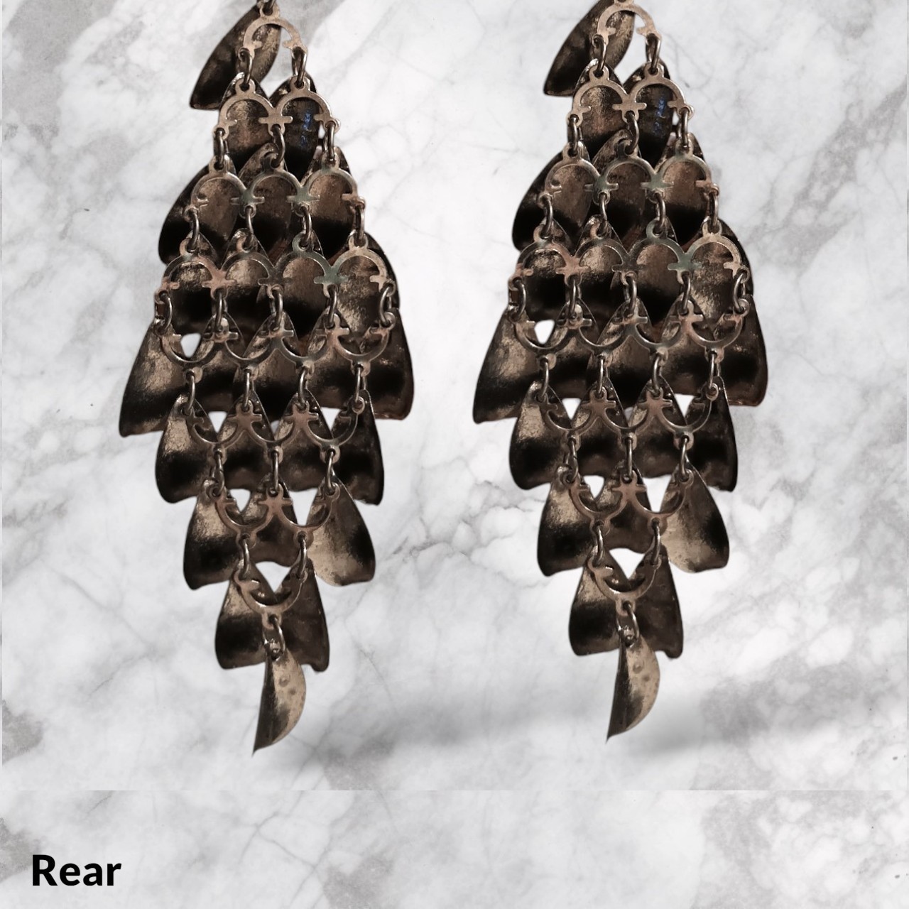 Shimmery Gun Metal Grey Layered Dangling Leaf Chandelier Statement Earrings