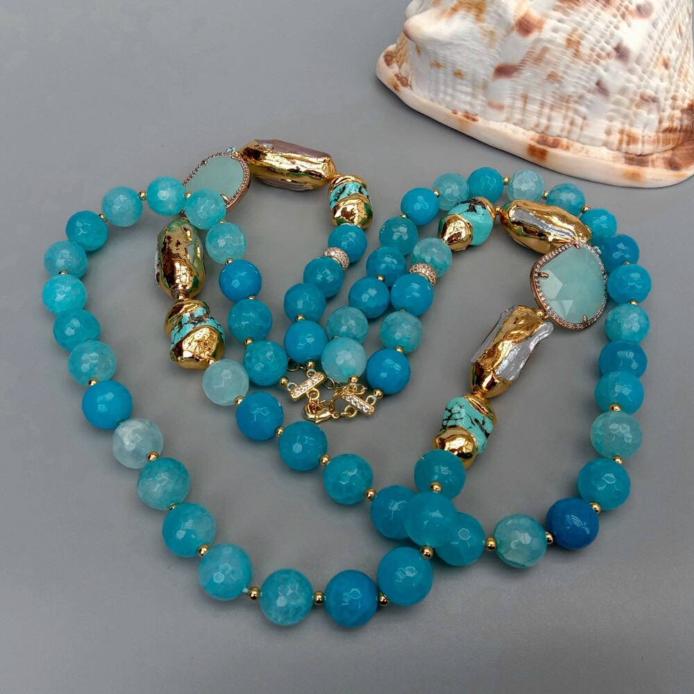 Faceted Agate Turquoise White Biwa Pearl Crystal Necklace Fashion Women Jewelry