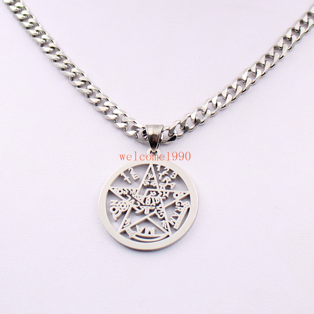 Mens gift Religious Stainless Steel Wicca Pentagram Pendant Curb chain necklace
