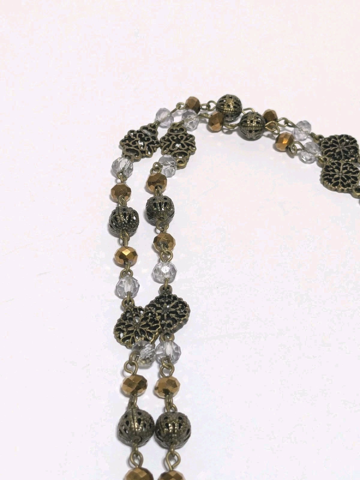 Gold Tone Y Drop Tassel Pendant Necklace With Acrylic Beads & Rhinestones 28″
