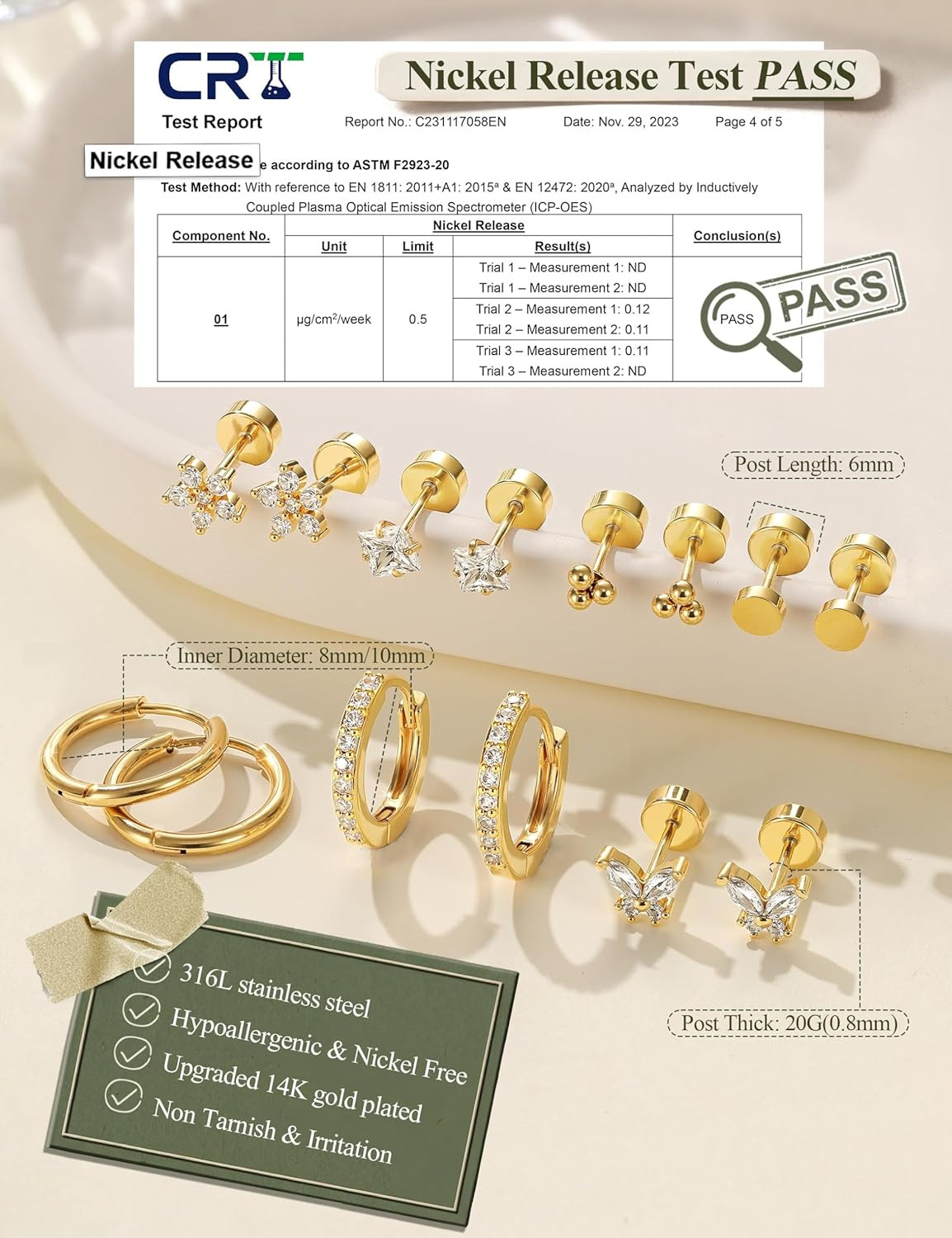 Hypoallergenic Earrings for Sensitive Ears, Comfortable Flat Back Earrings for S