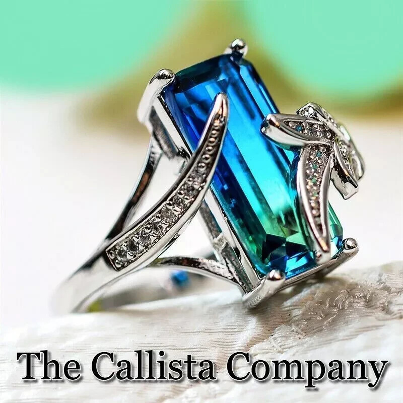 573 Sold LAB-CREATED 6.0 CT EMERALD CUT 3A+ CZ SILVER MERMAID TAIL RG SZ 6-8 ✓