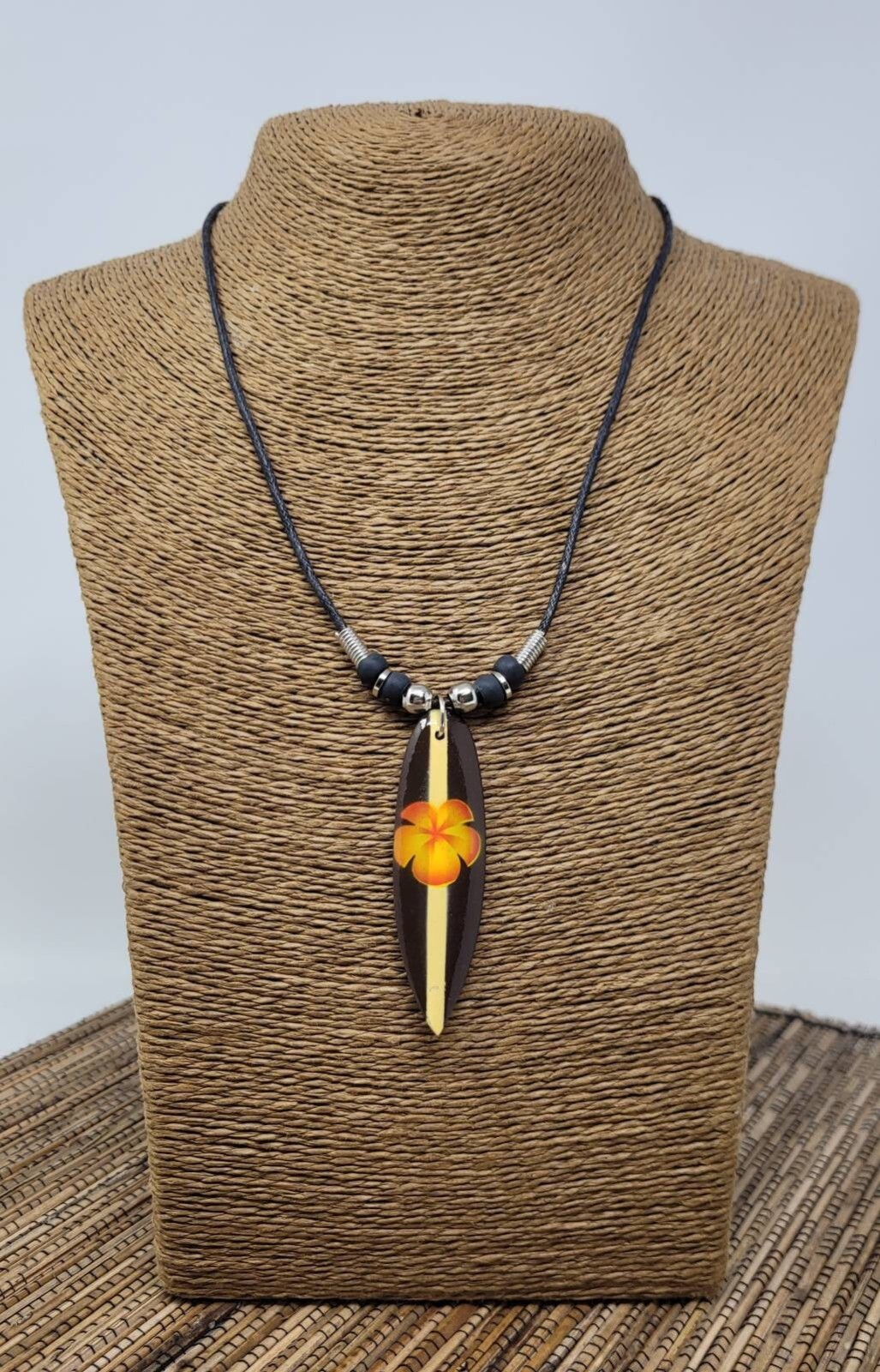 Hand Painted Surfboard Necklace Hawaiian Flower Pendant Wood Beach Unisex