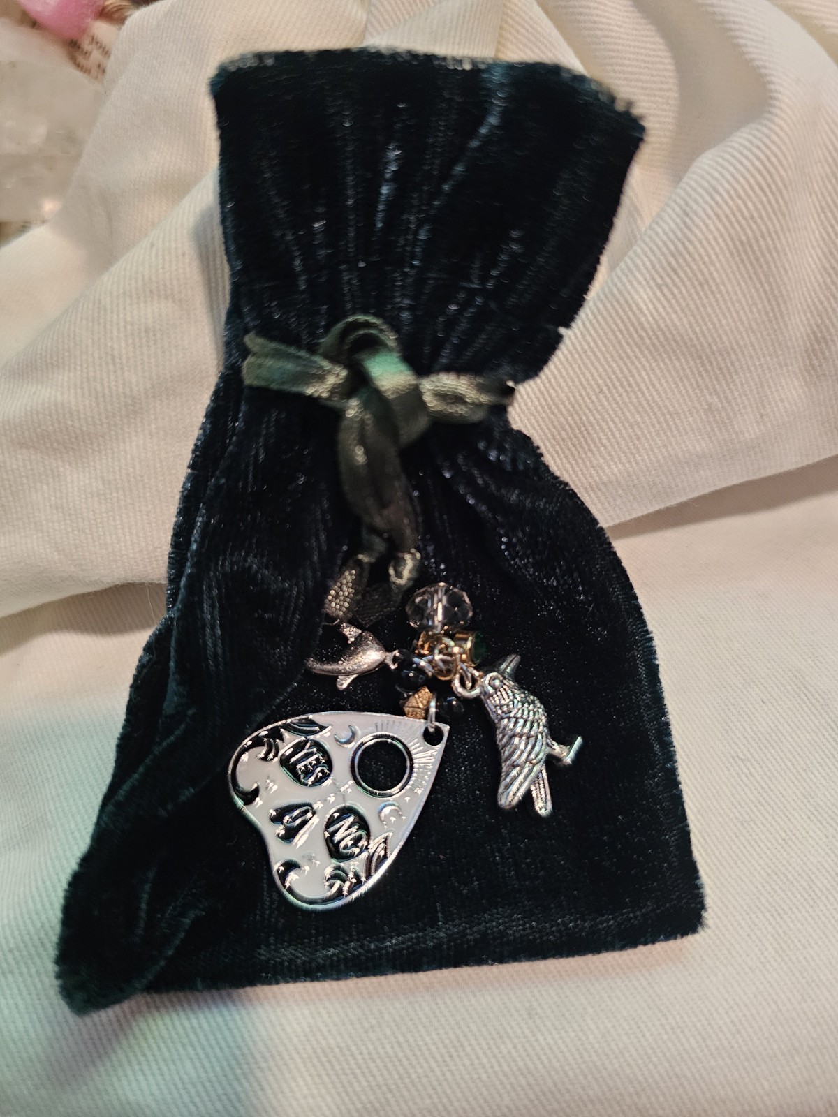 Silver Crow Planchette Dangle Charm Lobster Clasp Crystal Velvet Set