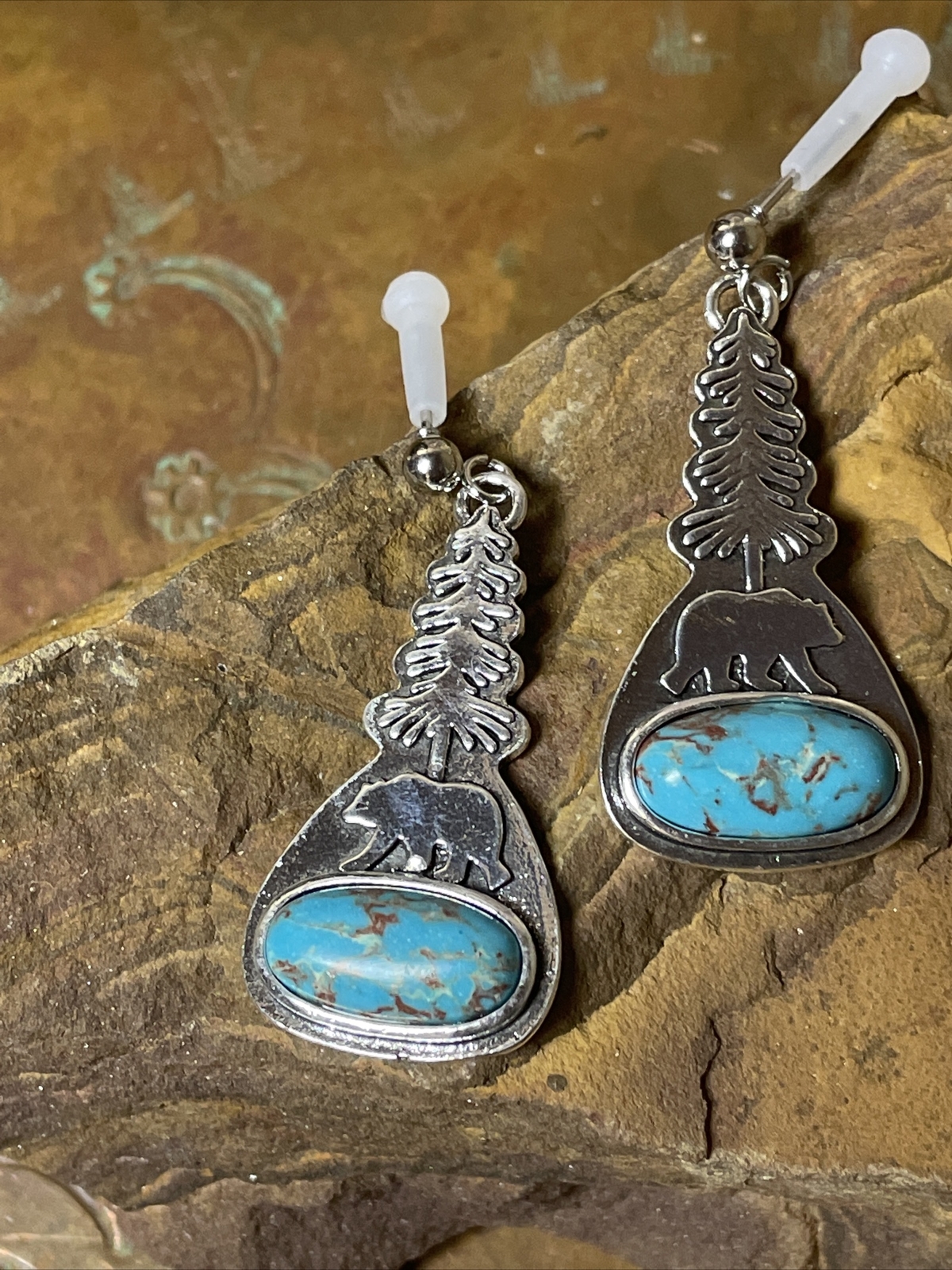 BEAR PAW TREE FANCY FOX SILVER TURQUOISE EARRINGS WESTERN SOUTHWEST Easter