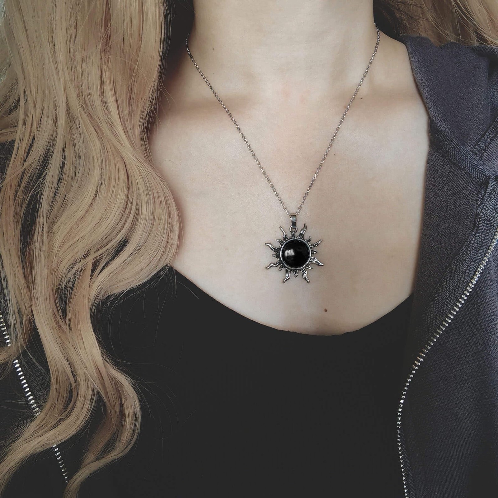 Obsidian Necklace, Natural Gemstone Sun Necklace for Women, Black Obsidian Ne…