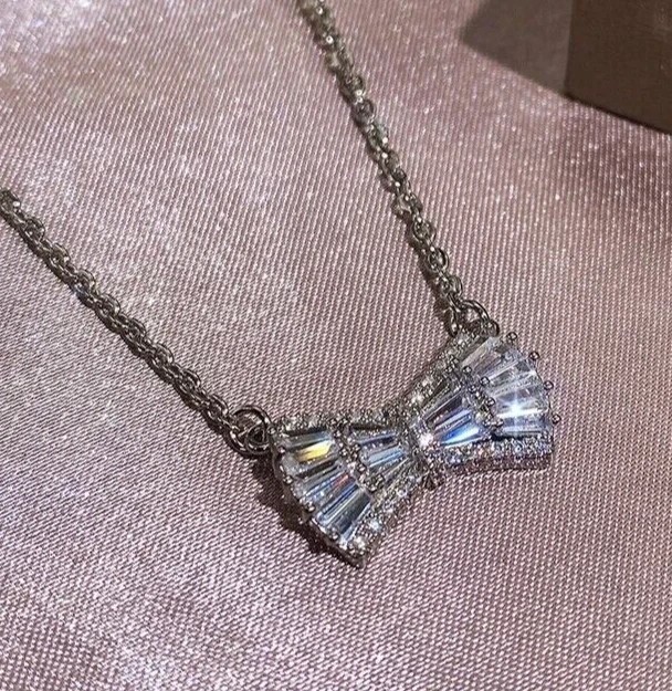 2.15Ct Baguette Cut Simulated Diamond Women’s Bow Pendant 14K White Gold Plated