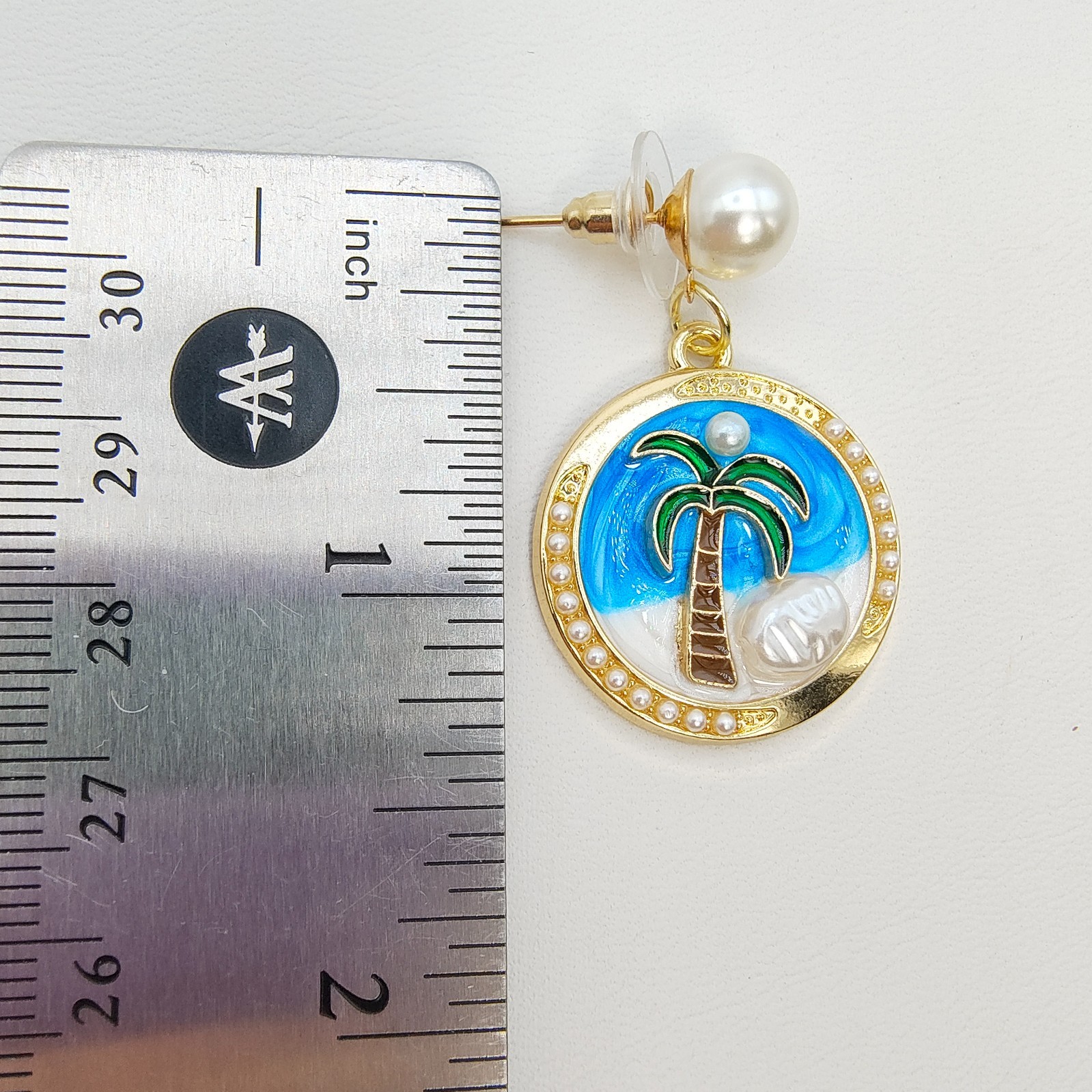 Gold Tone Palm Tree Beach Dangle Drop Earrings Faux Pearl Beach Coastal Summer