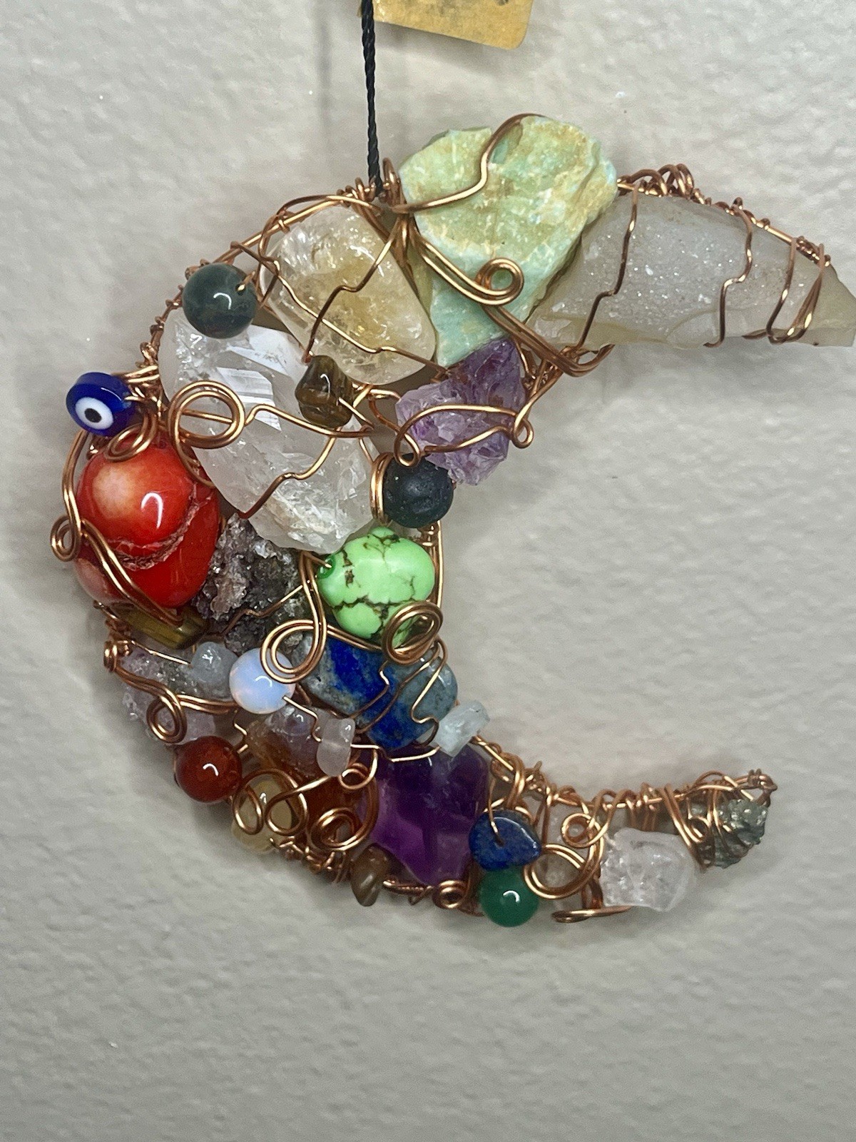 Wire Wrapped Crescent Moon Wall Hanging Amethyst Quartz Opalite Red Coral Copper