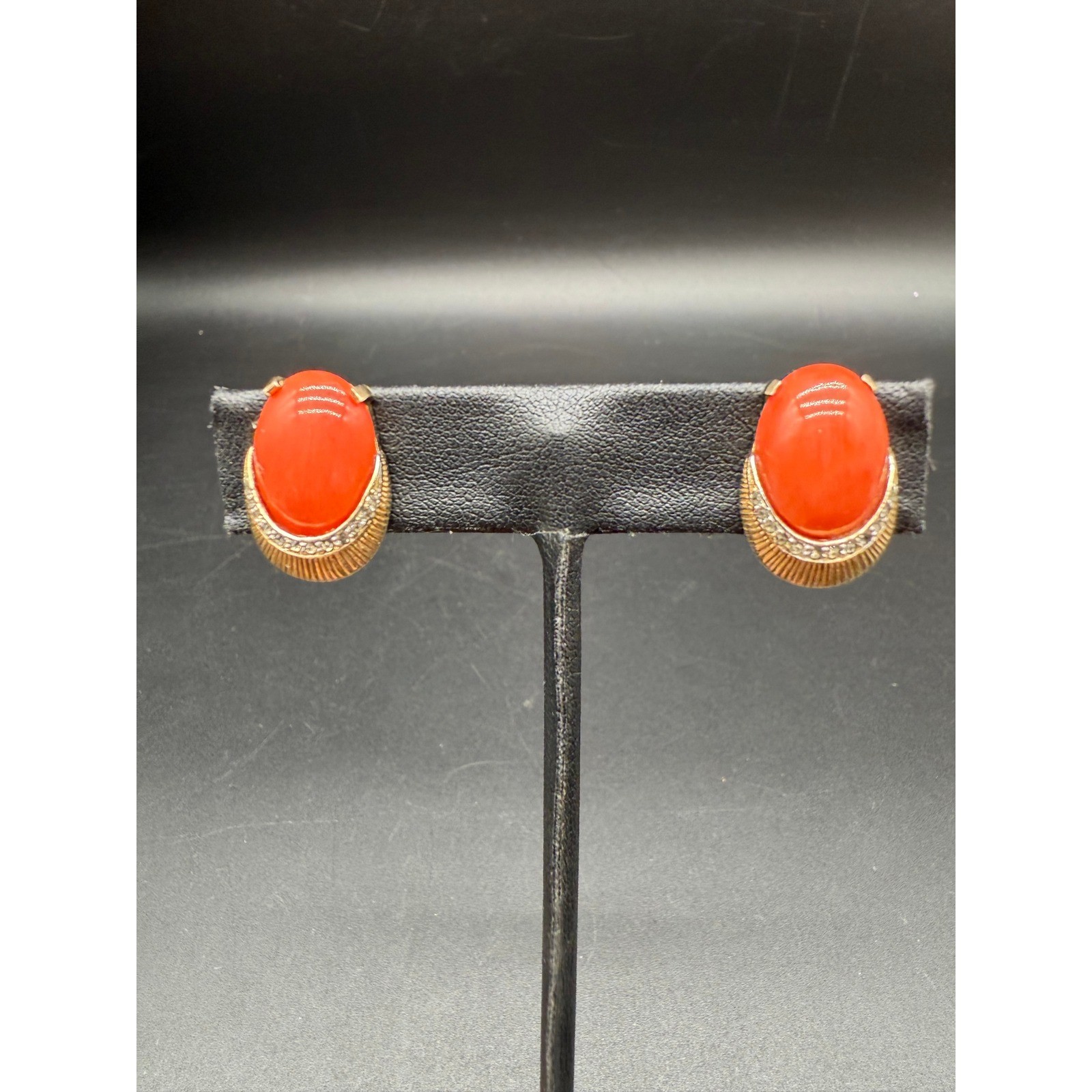 Nettie Rosenstein Gold Tone Clip On Earrings with Red Lucite Cabochons