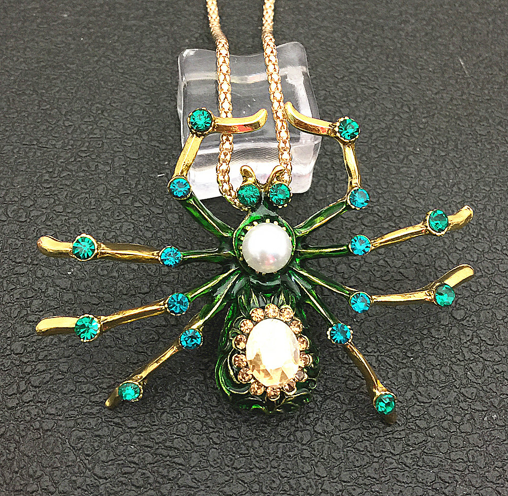 Red/Purple/Green Enamel Crystal Flower Spider Pendant Necklace/Brooch
