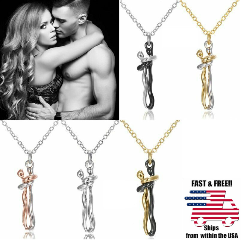 Love Hug Pendant Necklace Two Toned Affectionate Couple Hug Valentine’s Necklace
