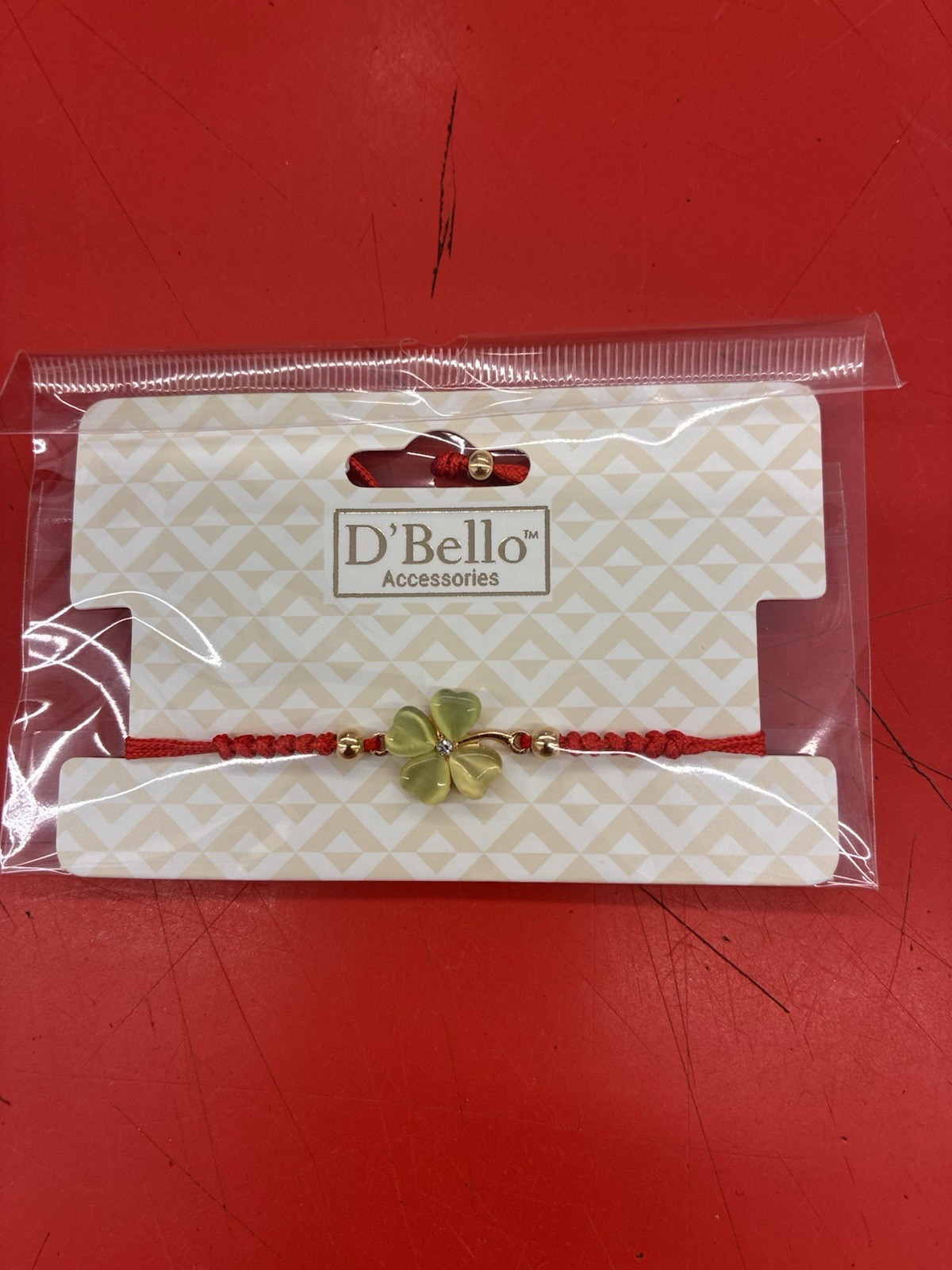 D’Bello Red Adjustable Cord Clover Dangle Charm Bracelet Gold Tone Slide