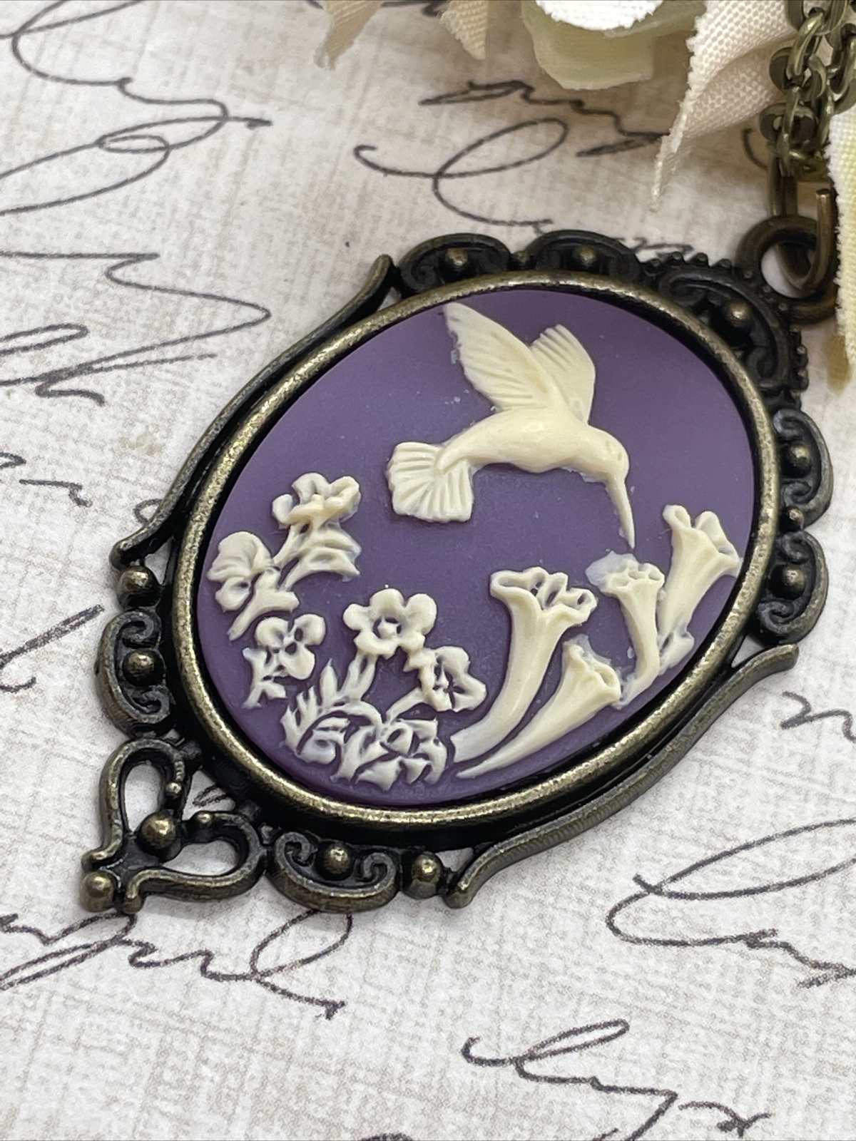 Purple Bronze Hummingbird Necklace Pendant Cameo Mom Daughter Birthday wedding