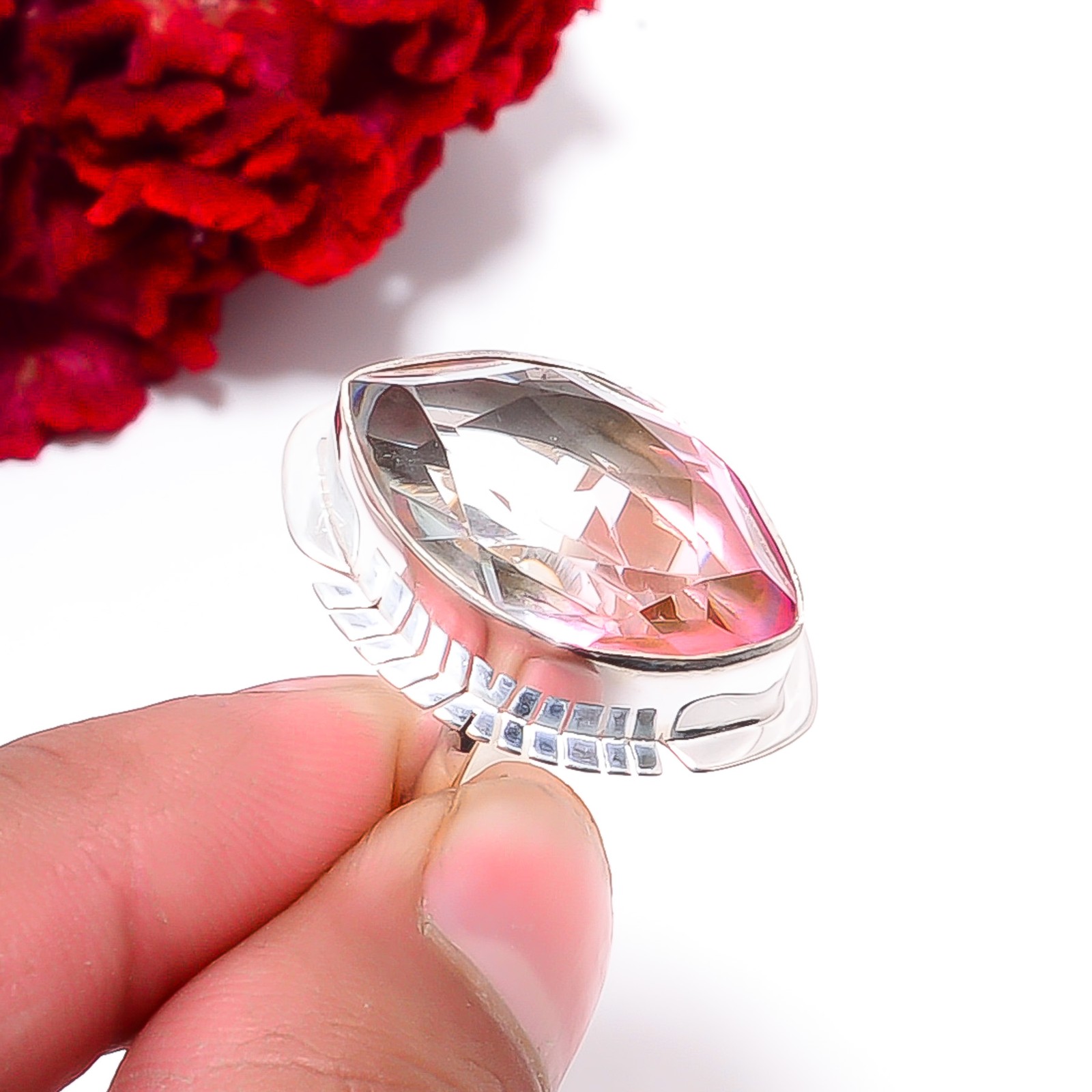 Pink Bi-Colour Tourmaline Gemstone 925 Sterling Silver Ring S.7 R98159