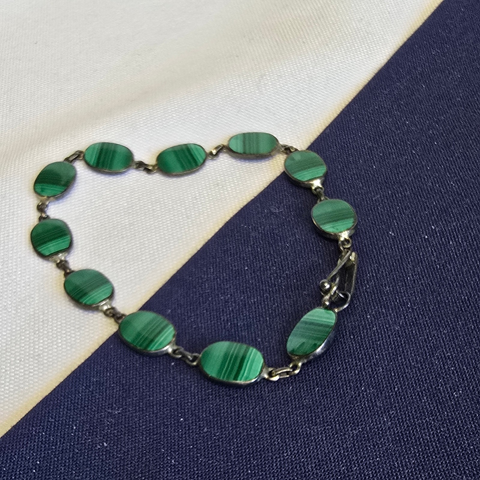 Sterling Silver Bracelet 7.4g Jewelry 7.5″ Malachite Look Unique Clasp *READ*