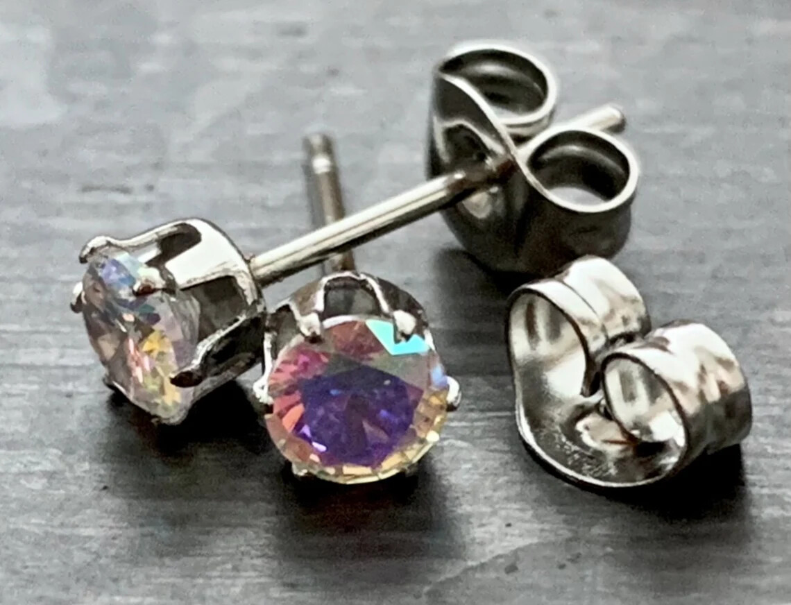 PAIR Hypoallergenic Earrings Prong Set Aurora Borealis Gems 316L Surgical Steel