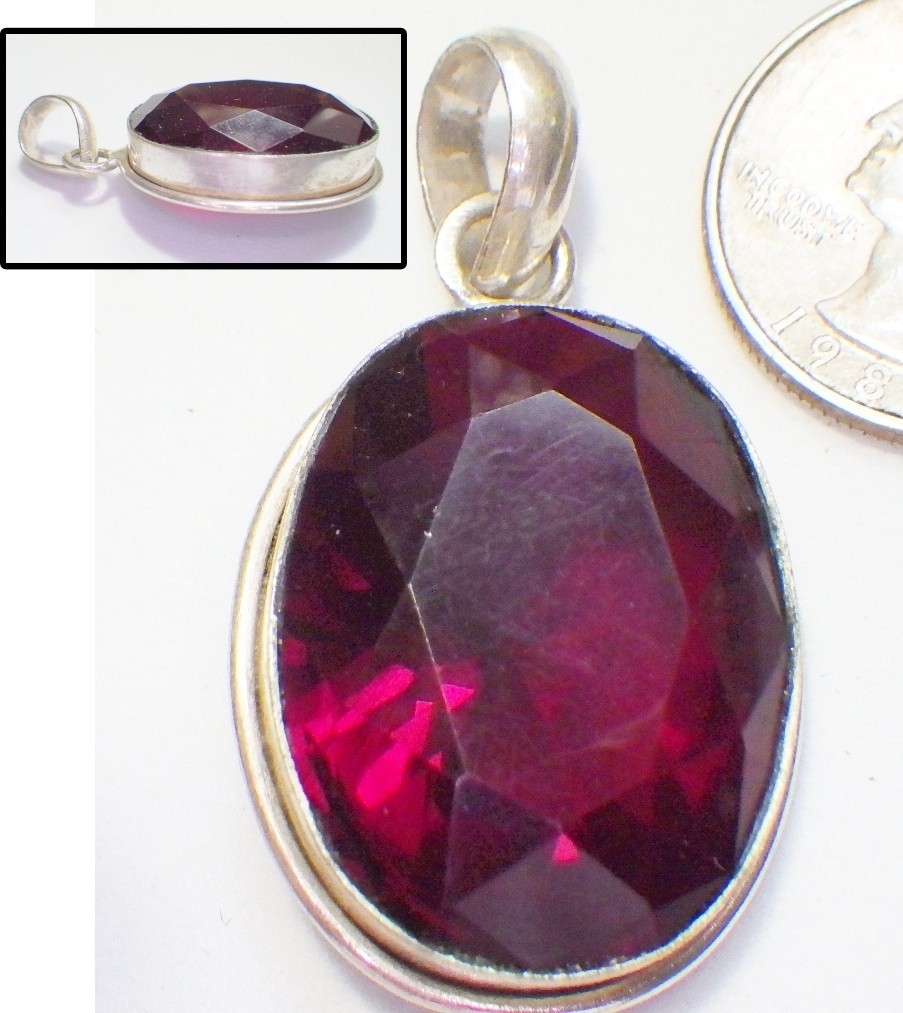 Gorgeous Signed Large Dark Red Oval Bezel-Set Crystal Pendant 1 7/8 x 1″