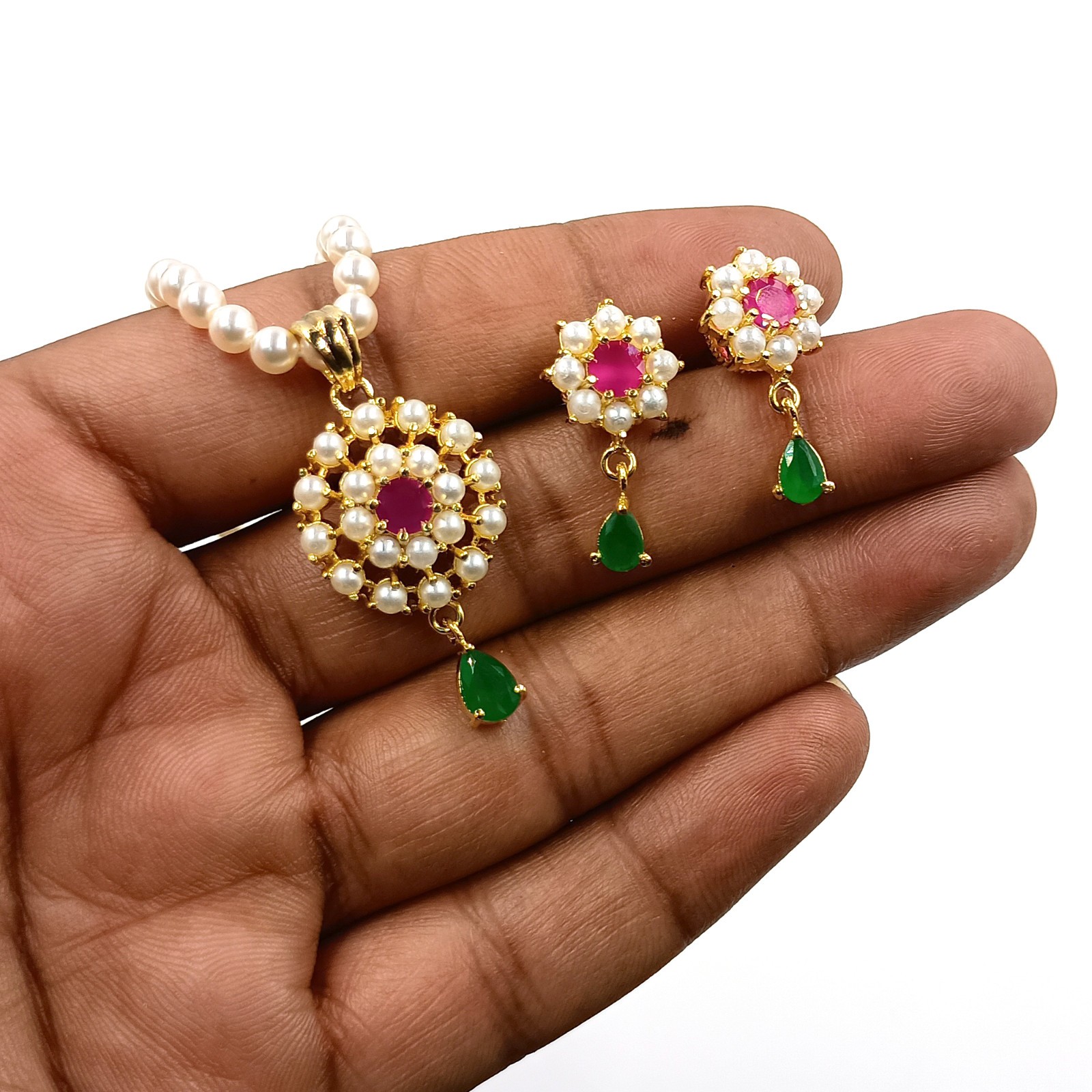 Traditional Indian Pendant Set, Ruby Emerald & Pearl 22k Gold Plated Jewelry Gif