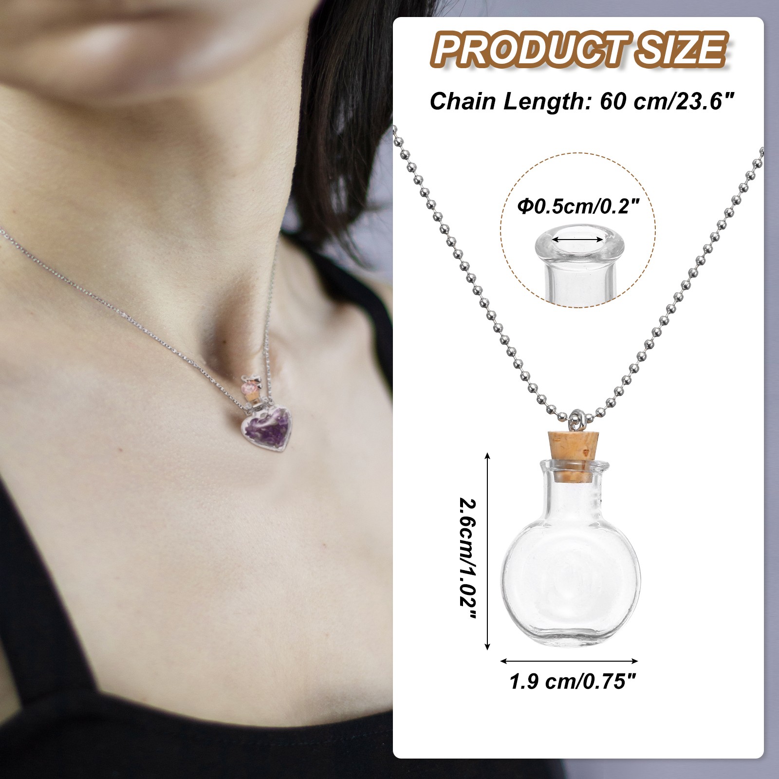 26mm Vial Necklace with Cork Stoppers Black Velvet Bag, Wine Shaped, Clear