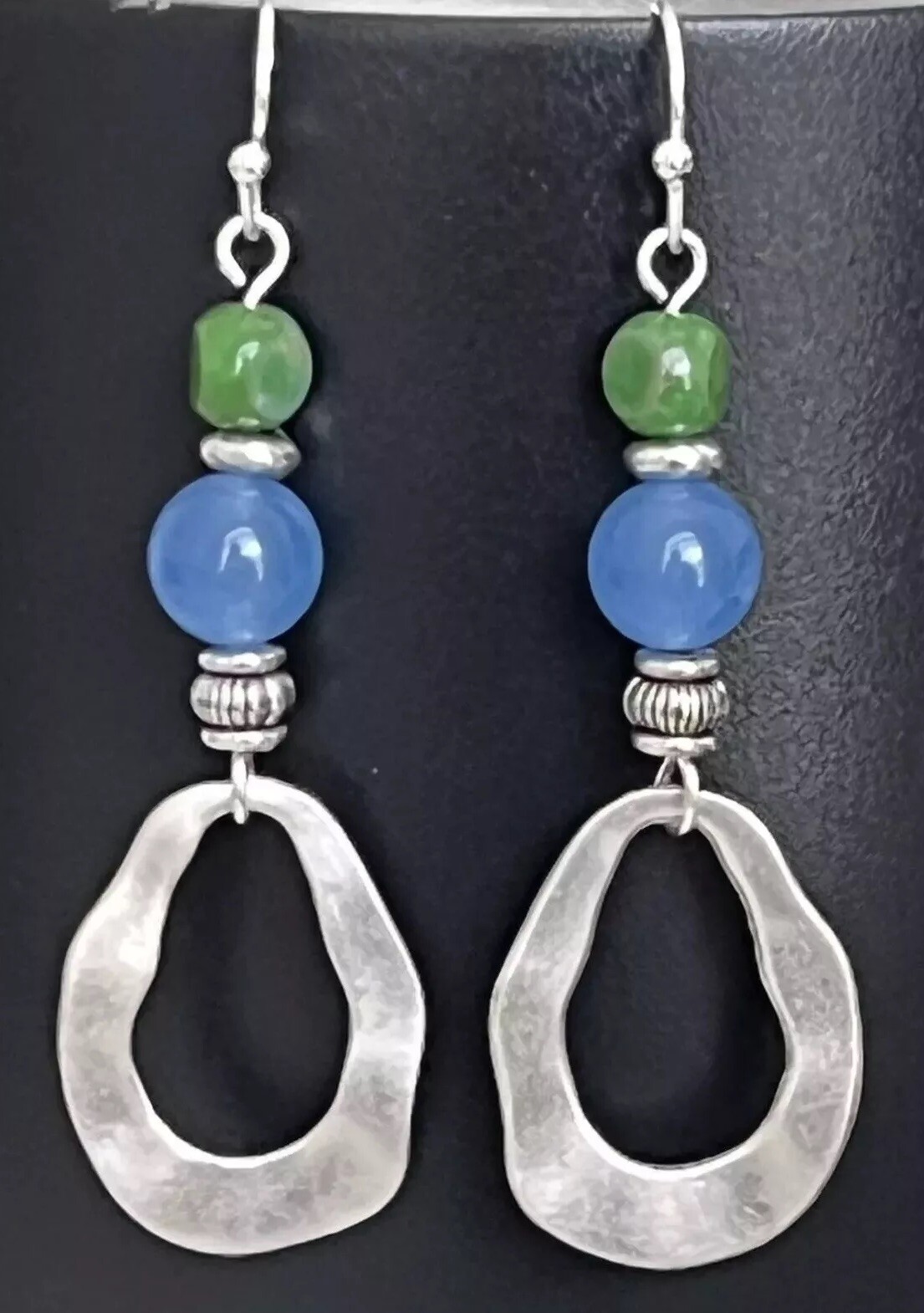 Silver, Blue & Green Glass Bead Dangle Earrings. Bohemian.