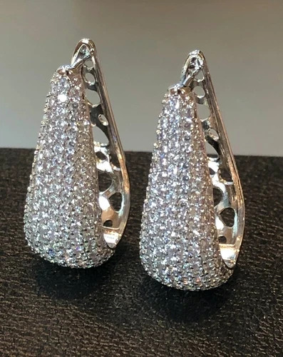 18k White Gold Plated Simulated Diamond Huggie Hoop Earrings Bridal Jewelry Gift