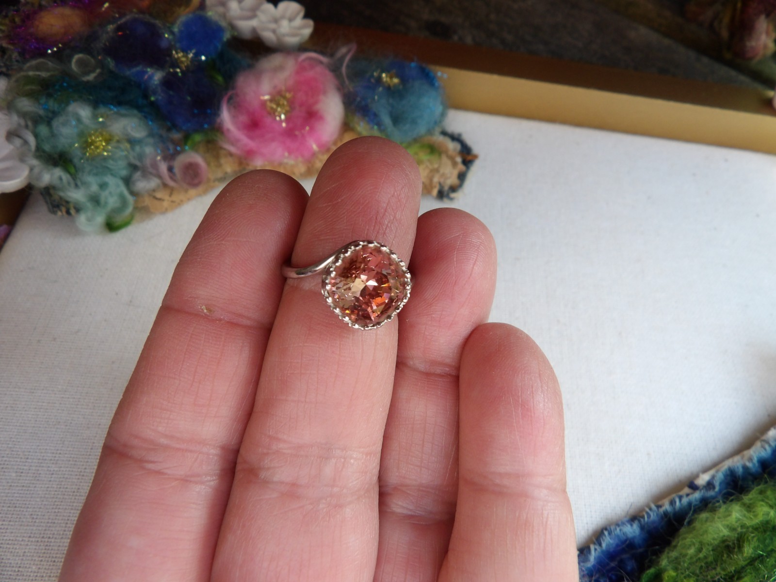 sterling silver ring, salmon pink crystal, new, stamped