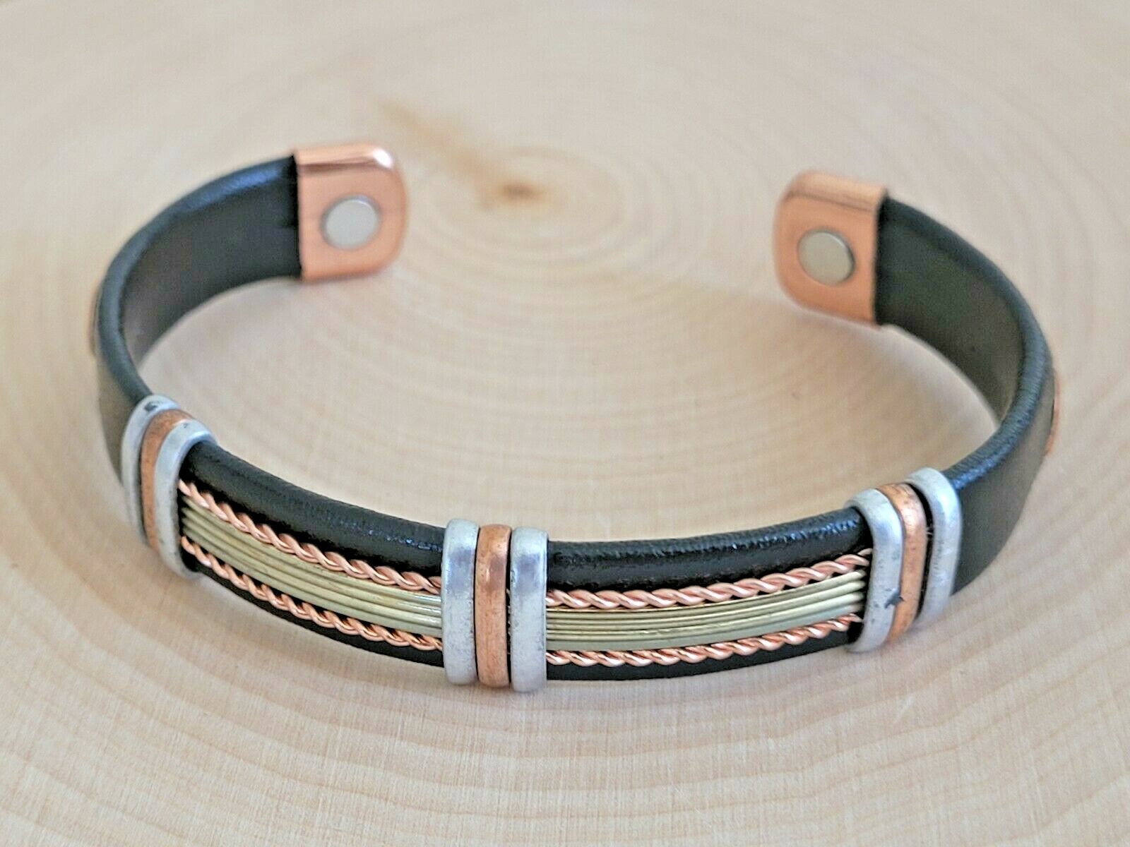 Solid Copper Leather Wrapped Magnetic Bracelet Energy Pain Brass Wire