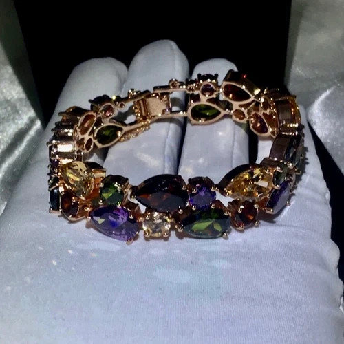 18k Rose Gold Filled Multicolor Tennis Bracelet Made Simulated Diamond 7.5”